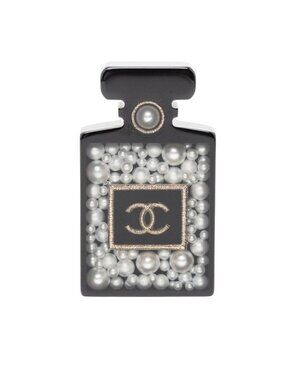 Chanel CC Logo Perfume Bottle Motif Brooch Black White Gold Plastic Plated
